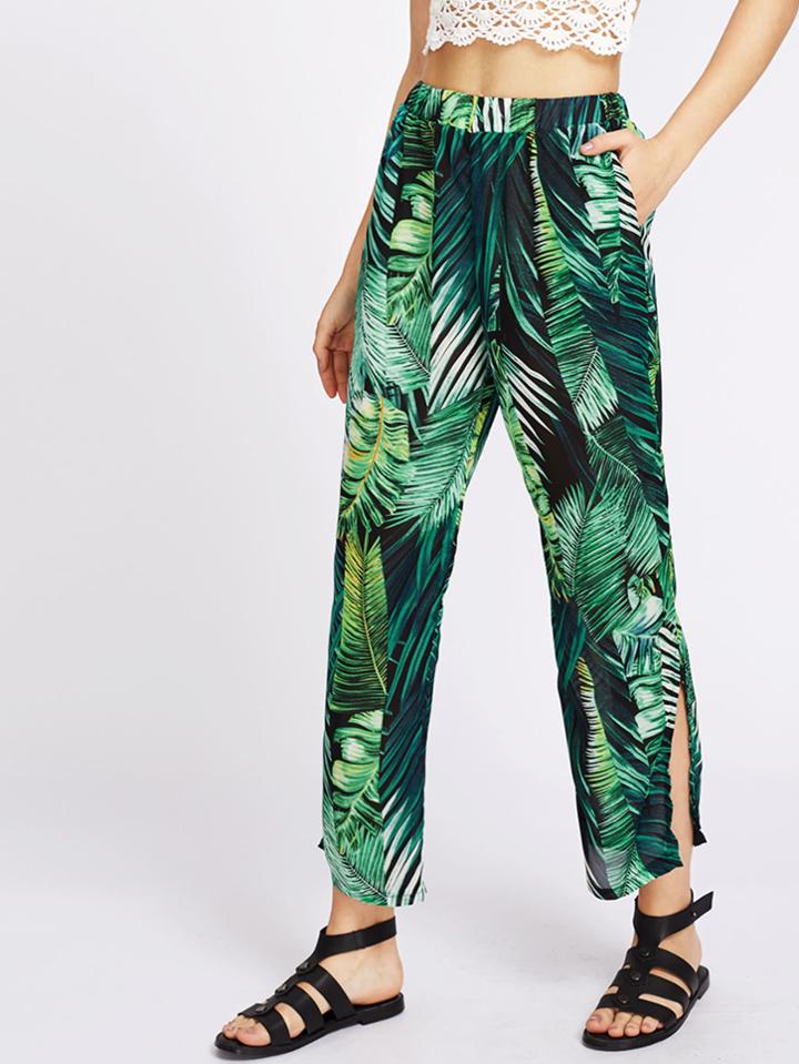 Romwe Leaf Print Split Side Chiffon Pants