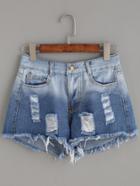 Romwe Blue Ombre Ripped Frayed Denim Shorts
