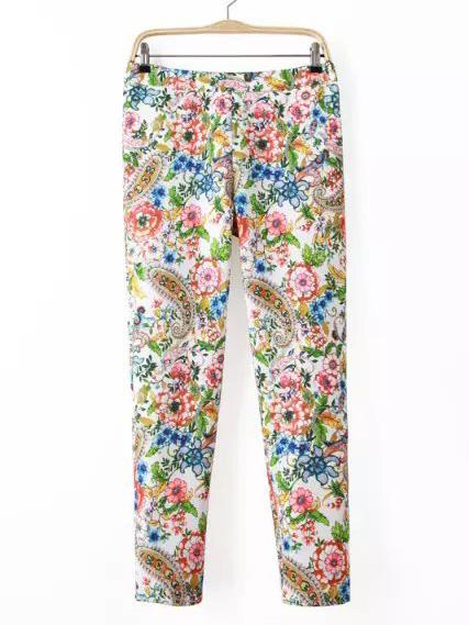 Romwe Multicolor Floral Zipper Side Skinny Pants
