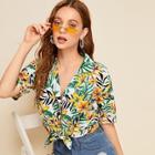 Romwe Floral Print Notched Hawaiian Blouse