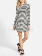 Romwe Grey White Long Sleeve Striped Dress