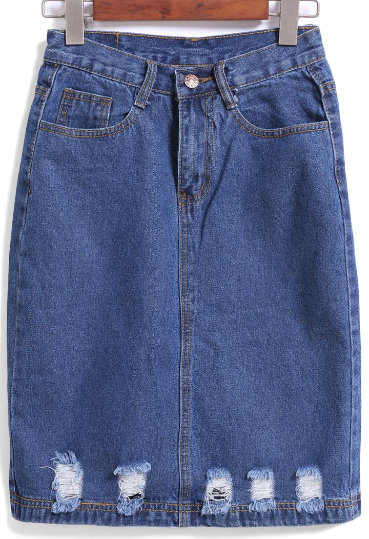 Romwe Navy Pockets Ripped Denim Skirt