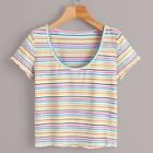 Romwe Rainbow Stripe Lettuce Trim Tee