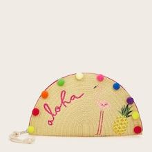 Romwe Pom-pom & Embroidery Decor Half Round Straw Clutch