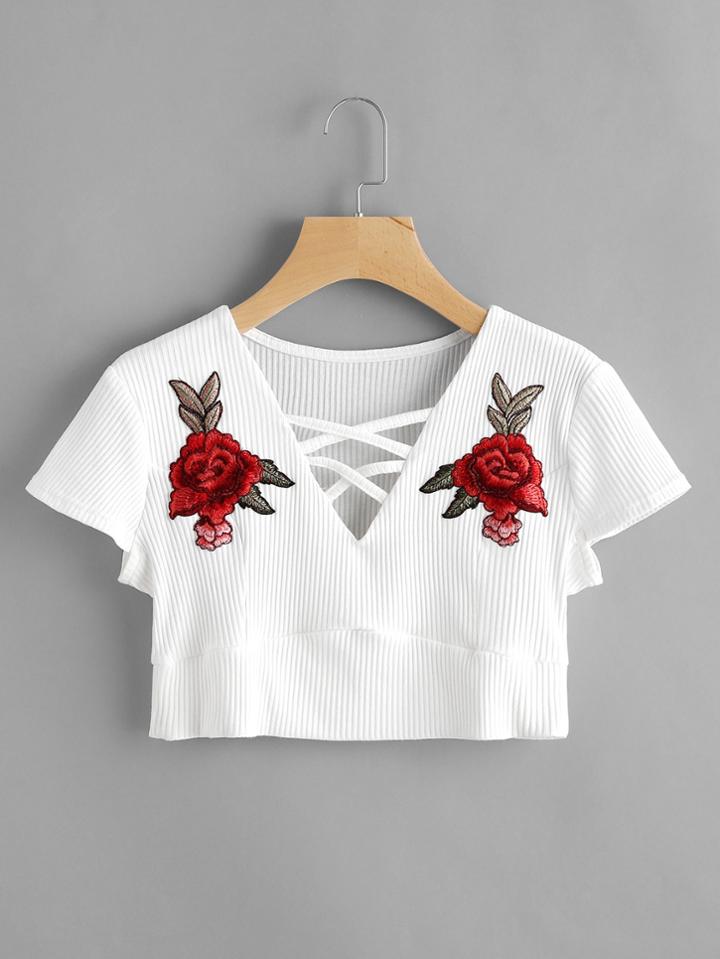 Romwe Rose Applique Crisscross Front Crop Tee
