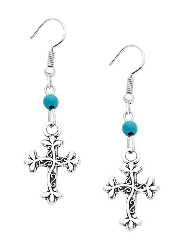 Romwe Silver Plated Carved Cross Drop Earrings