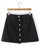Romwe Black Button Up A Line Denim Skirt