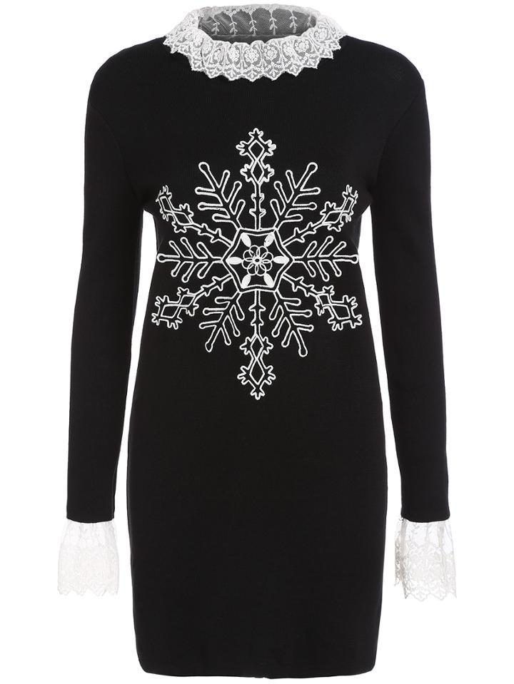 Romwe Contrast Collar Snowflake Crochet Tight Sweater Dress