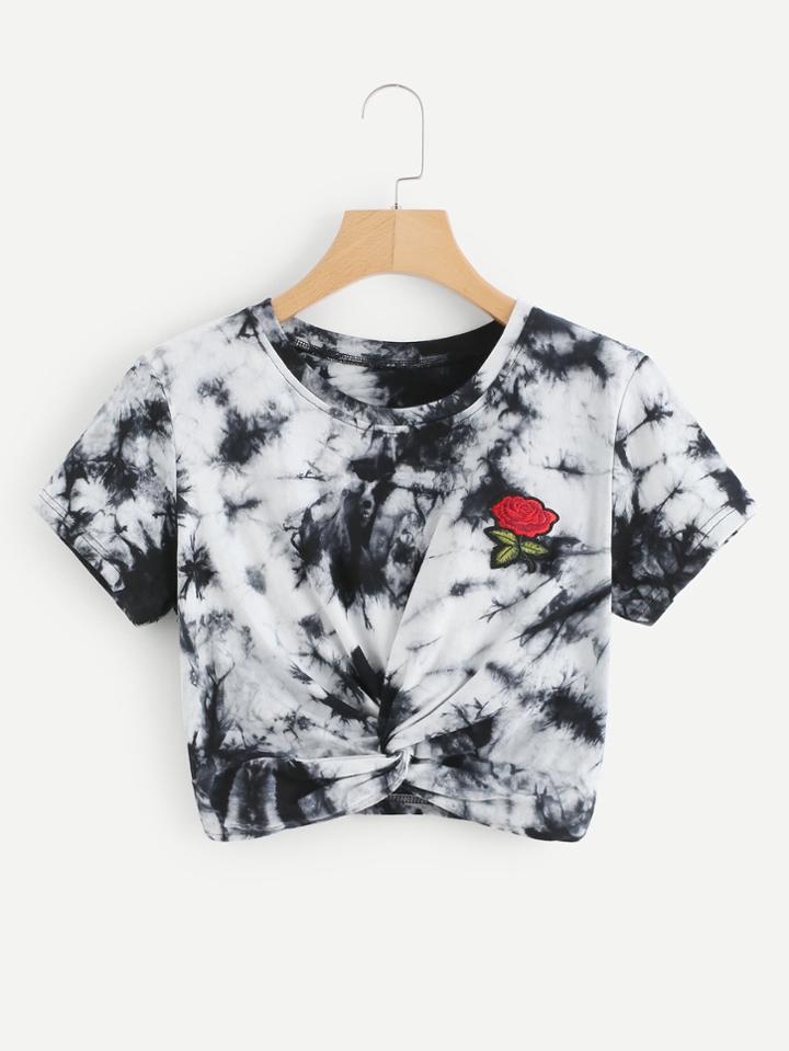 Romwe Rose Embroidered Patch Twist Crop Tee