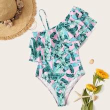 Romwe Random Jungle Print Asymmetric Neck One Piece Swimsuit
