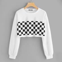 Romwe Drop Shoulder Plaid Panel Crop Sweatshirt