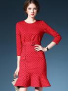 Romwe Red Round Neck Length Sleeve Drawstring Dress