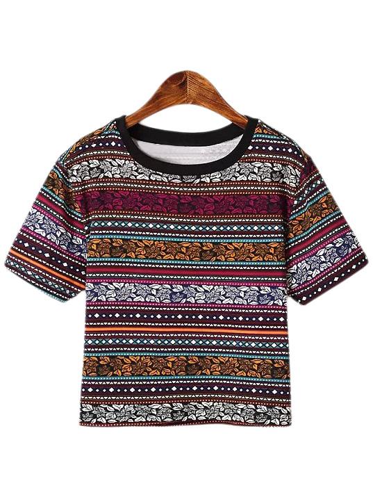 Romwe Multicolor Short Sleeve Tribal Print T-shirt