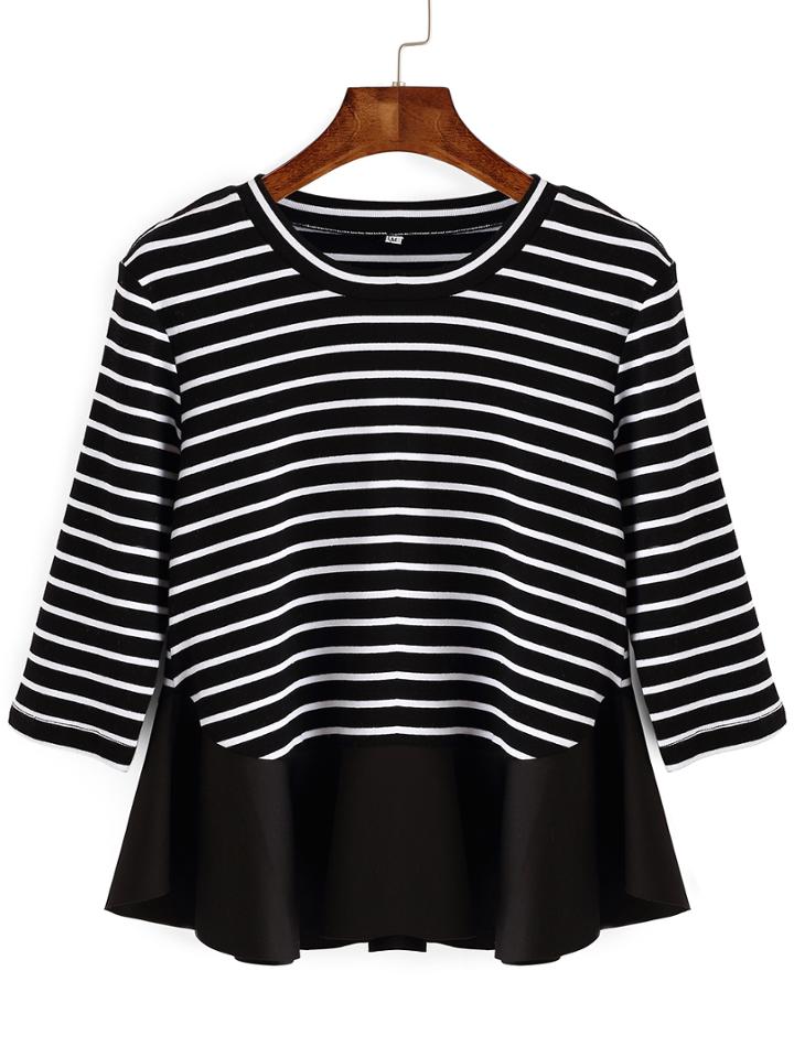 Romwe Contrast Hem Striped Black T-shirt