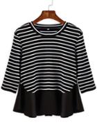 Romwe Contrast Hem Striped Black T-shirt
