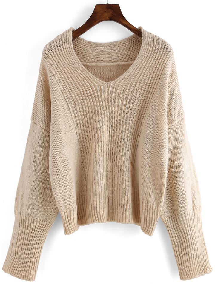 Romwe V Neck Loose Beige Sweater
