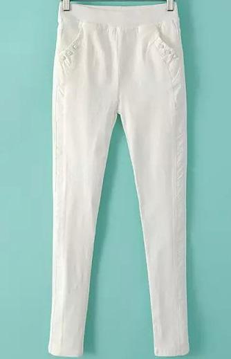 Romwe Elastic Waist Lace Insert With Rivet White Pant