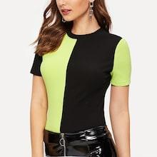 Romwe Color-block Rib-knit Form Fitting Tee