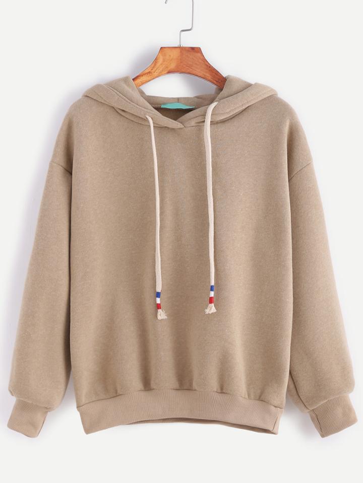 Romwe Khaki Dropped Shoulder Seam Drawstring Hooded Sweatshirt