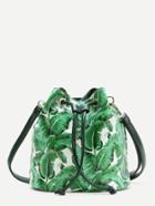 Romwe Green Leaf Print Drawstring Bucket Bag