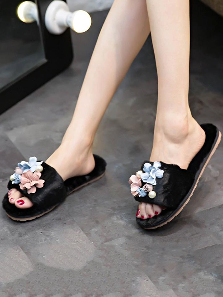Romwe Applique Fluffy Peep Toe Slippers