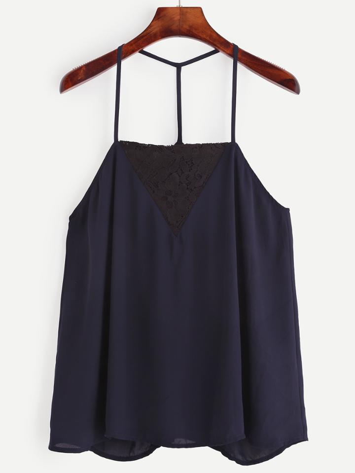Romwe Navy Lace Insert Slim Racerback Chiffon Cami Top