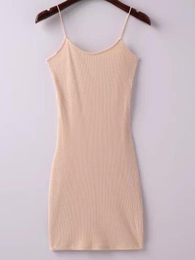 Romwe Apricot Ribbed Spaghetti Straps Sheath Dress