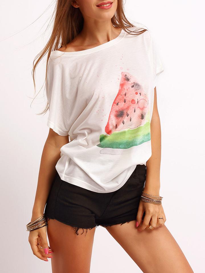 Romwe White Short Sleeve Watermelon Print T-shirt