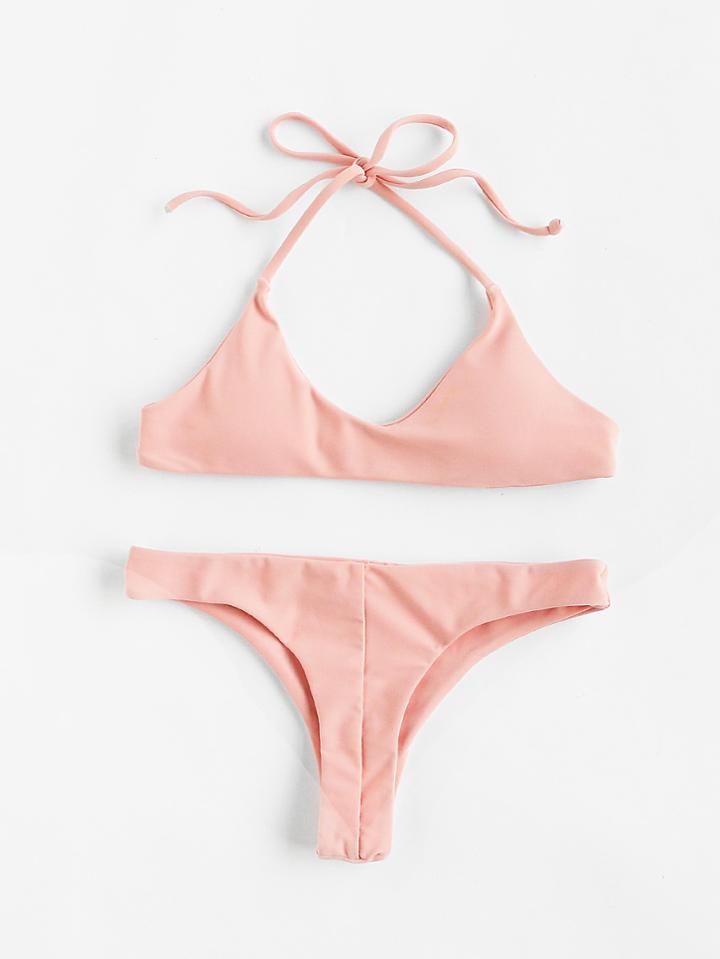 Romwe Hook Back Halter Bikini Set