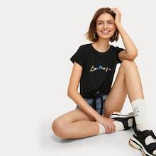 Romwe Letter Embroidery Knot Hem Tee
