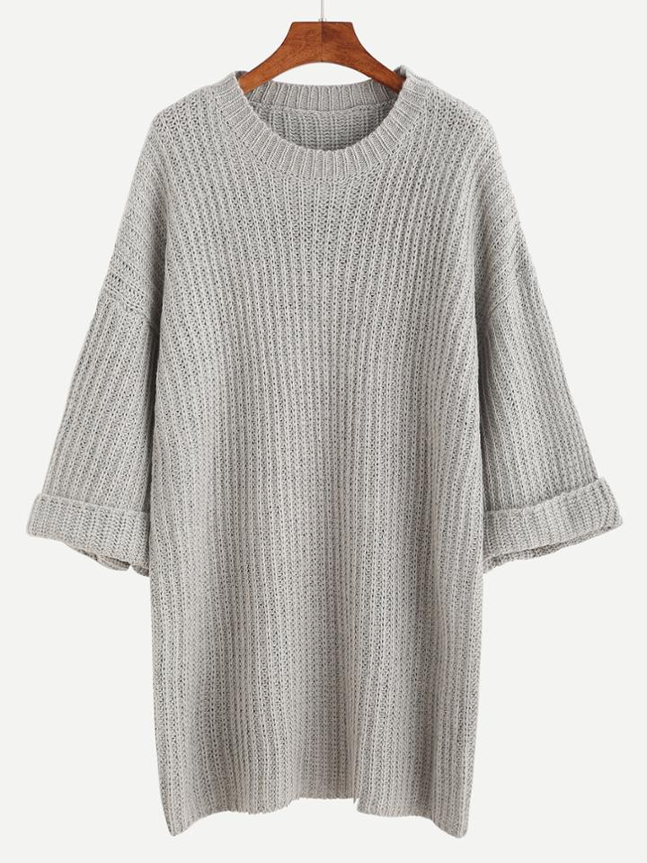 Romwe Grey Dropped Shoulder Seam Cuffed Sweater Dress