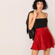 Romwe Wide Waistband Satin Skater Skirt