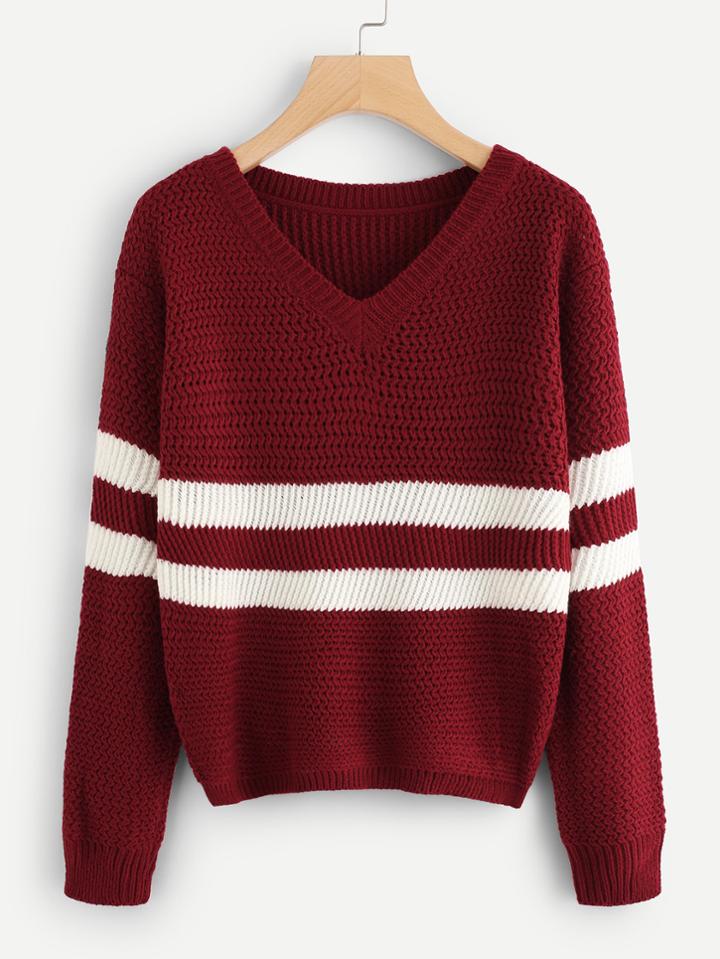 Romwe V Neckline Striped Knit Sweater