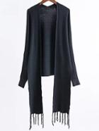 Romwe Black Long Sleeve Fringe Poncho Sweater