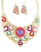 Romwe Multicolor Bead Gold Hollow Collar Necklace With Earrings