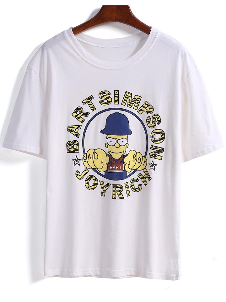 Romwe Cartoon Letters Print Round Neck White T-shirt