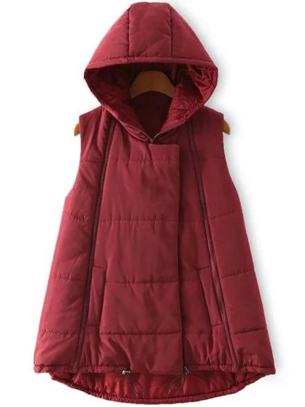 Romwe Hooded Zipper High Low Wine Red Vest