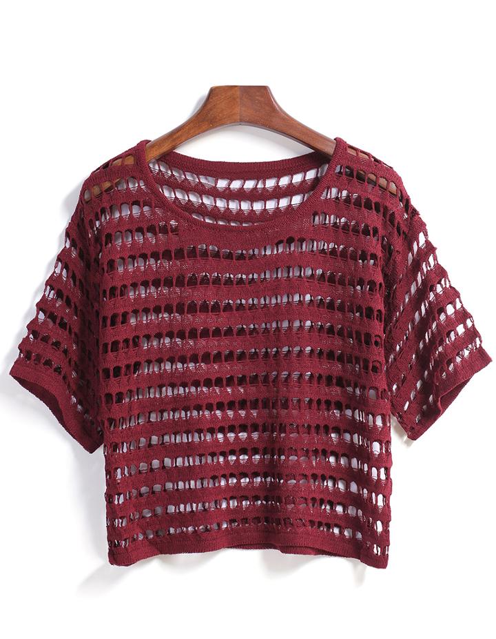 Romwe Short Sleeve Hollow Crop Wine Red Blouse