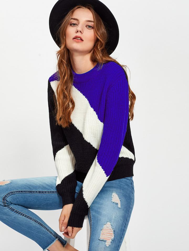 Romwe Ribbed Trim Color Block Jumper
