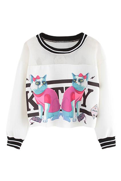 Romwe Double Cute Cats Print Mesh Sweatshirt