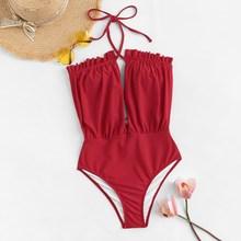 Romwe Ruched Lace-up Cut-out Halter One Piece Swimwear