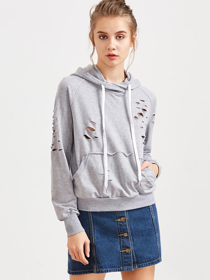 Romwe Heather Grey Raglan Sleeve Distressed Hoodie