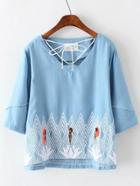 Romwe Blue Self Tie Embroidery Blouse