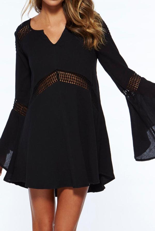 Romwe Black V Neck Bell Sleeve Hollow Dress