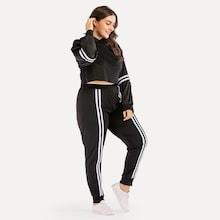 Romwe Plus Varsity-striped Hooded Top With Pant