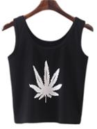 Romwe Black Round Neck Leaves Printed Tank Top