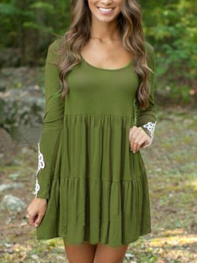 Romwe Contrast Lace Pleated Army Green Dress