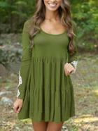 Romwe Contrast Lace Pleated Army Green Dress