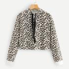 Romwe Leopard Print Drawstring Hooded Sweatshirt