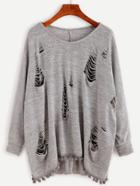 Romwe Grey Laddering Cutout Pom Pom Trim Loose Sweatshirt